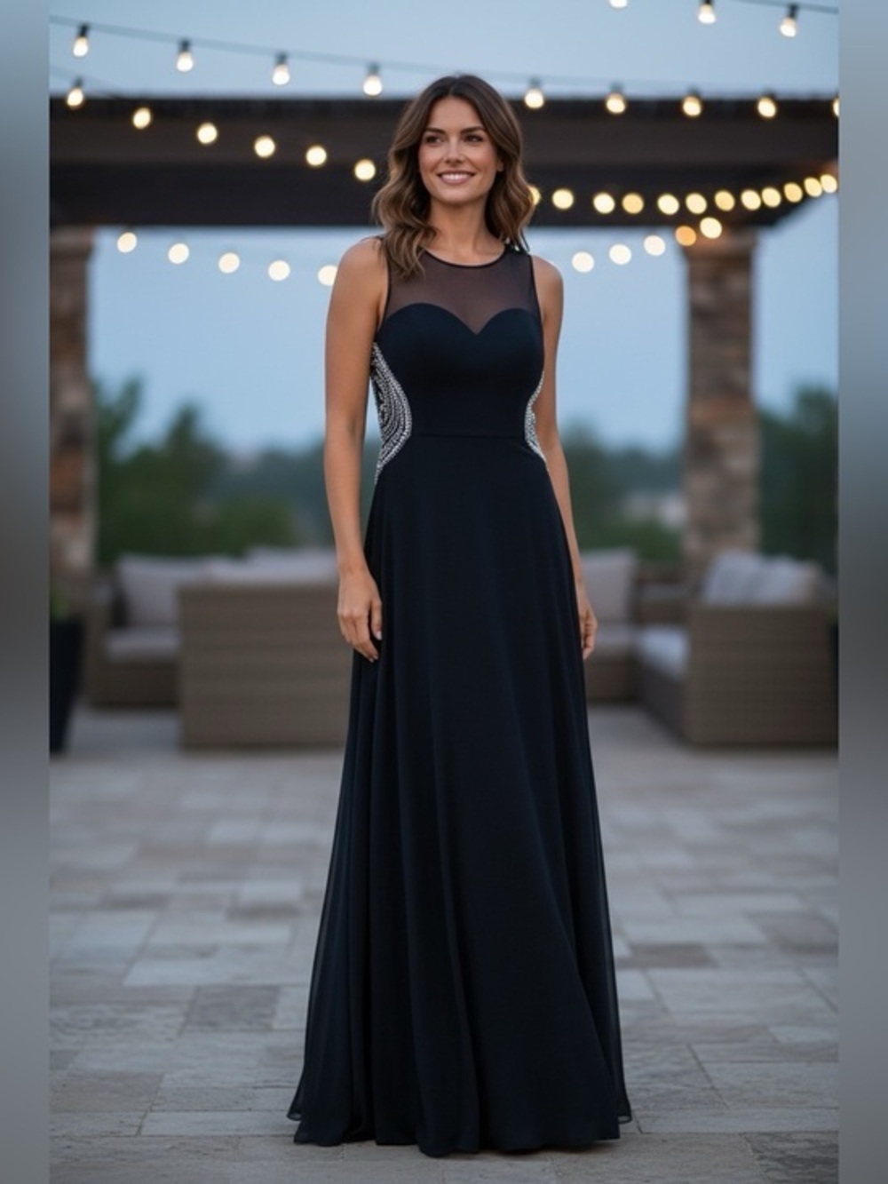 🫶🏻 Windsor Elegant Navy Sleeveless Gown w/Sheer Yoke Pearl Rhinestone Back Drop